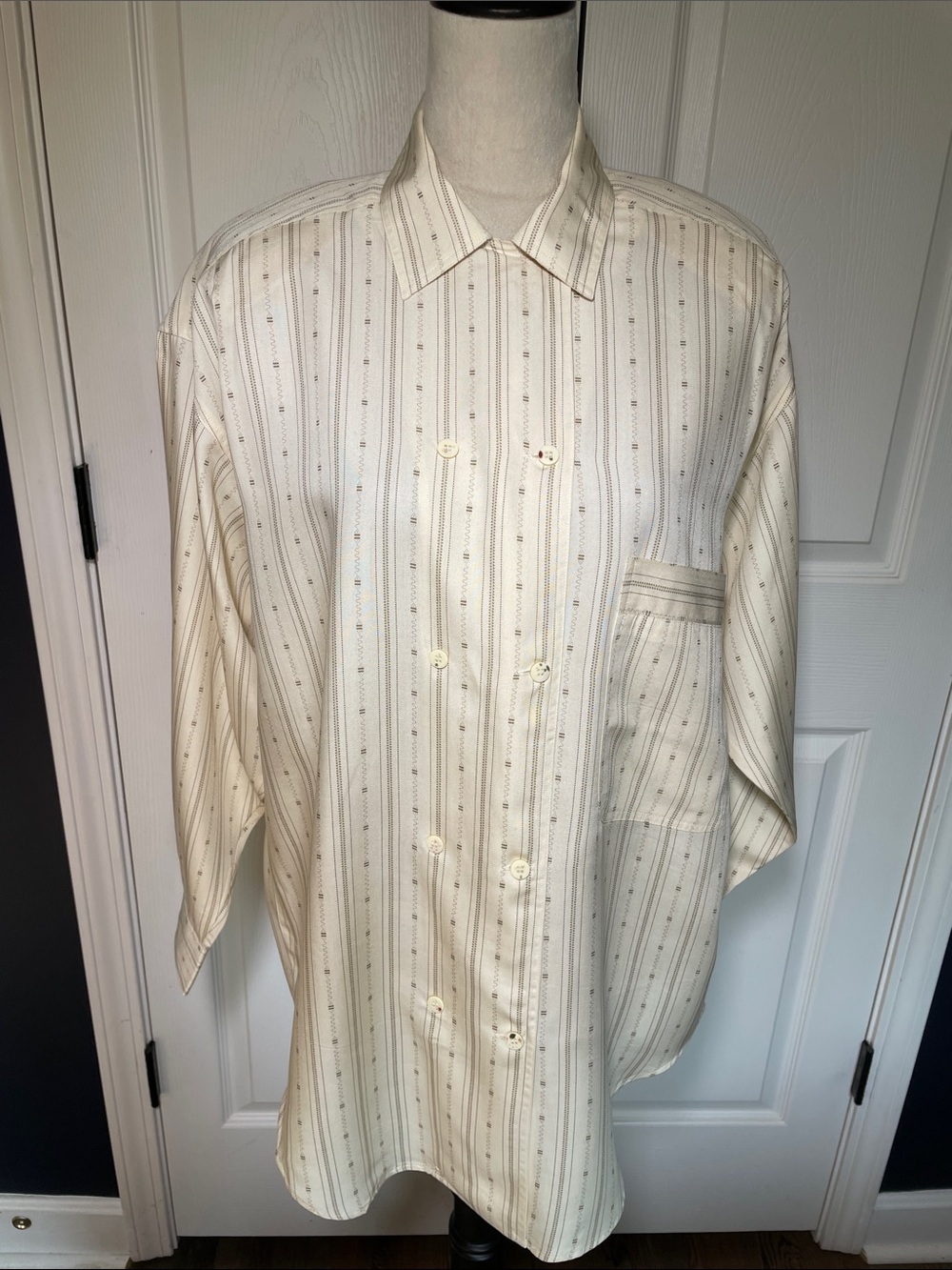Vintage 80s John Henry Editions Double Breasted Oversized Shirt Cream Pinstripe